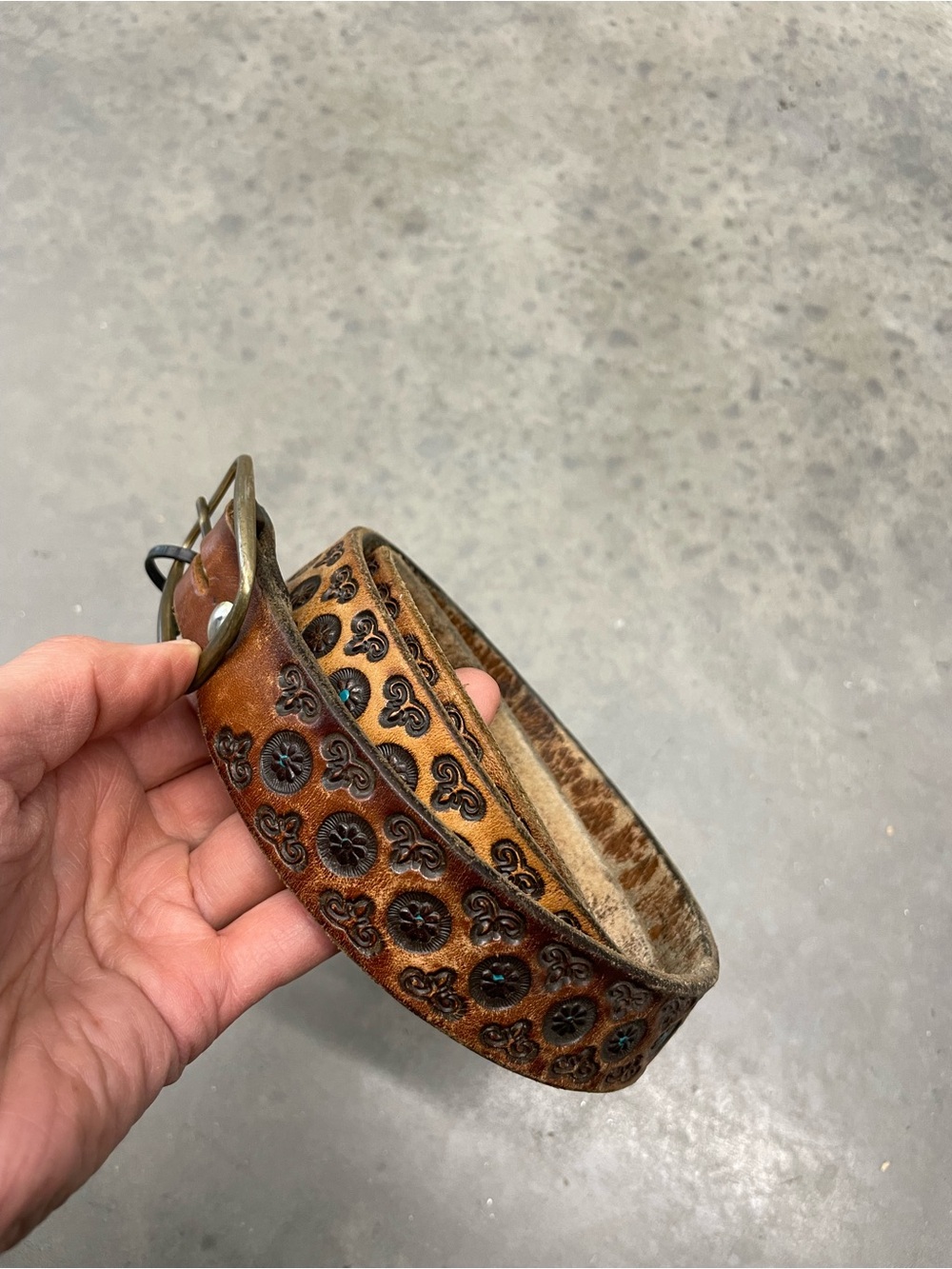 Men's Brown Tooled Leather Belt with Decorative Studs - Unbranded